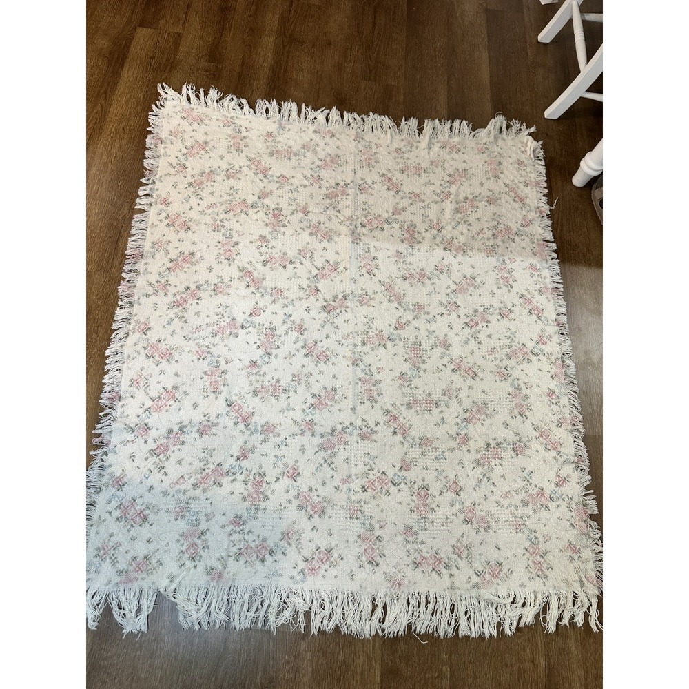 Cottagecore Woven Throw Blanket 45x53 Floral Farmhouse Pink Blue Gray Fringe
